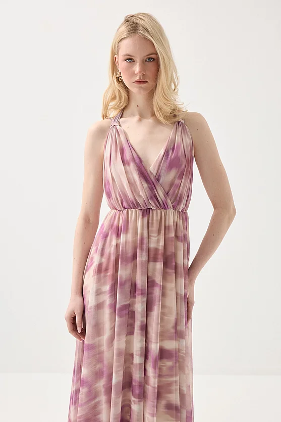 Long Tulle Evening Dress with Scarf Detail - Pink - Gusto