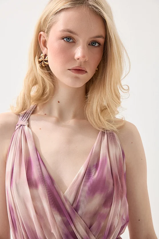 Long Tulle Evening Dress with Scarf Detail - Pink - Gusto