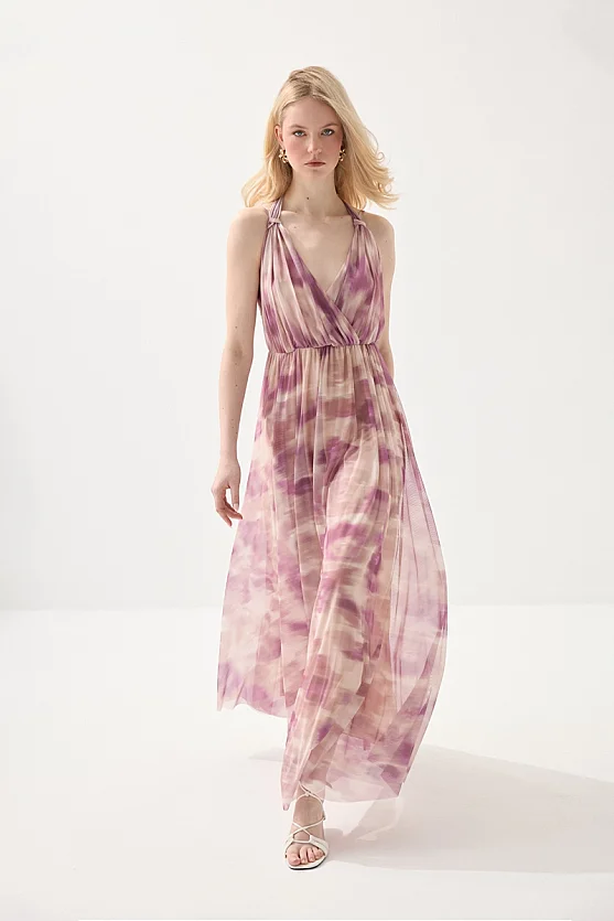 Long Tulle Evening Dress with Scarf Detail - Pink - Gusto