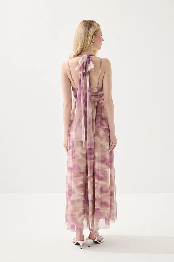 Long Tulle Evening Dress with Scarf Detail - Pink - 7