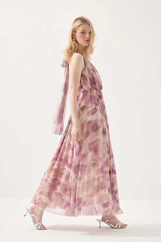 Long Tulle Evening Dress with Scarf Detail - Pink - 5