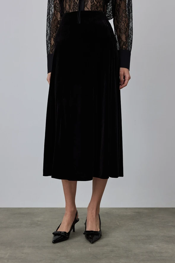 Long Velvet Skirt - Black - 2