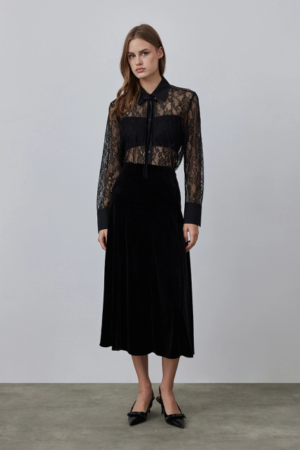 Long Velvet Skirt - Black Black