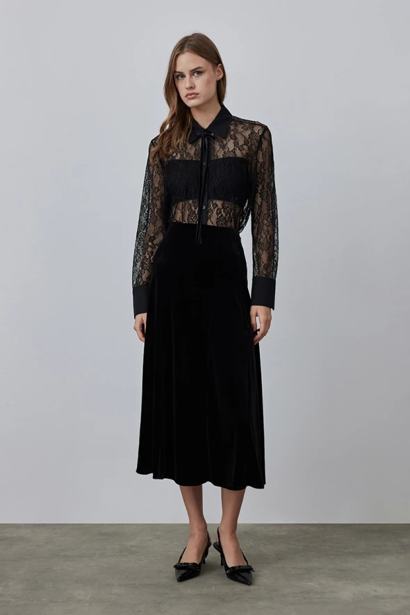 Long Velvet Skirt - Black - 1