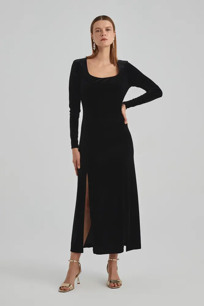 Long Velvet Slit Dress - Black Black