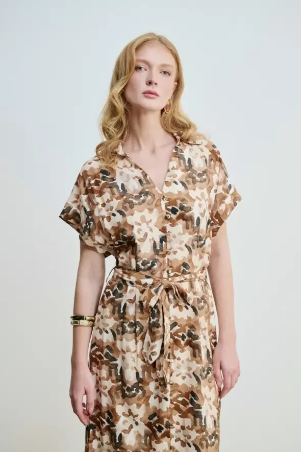 Long Viscose Dress with Waist Belt - Brown - 2