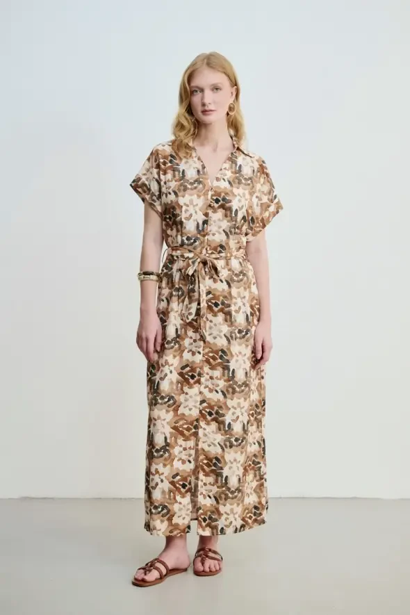 Long Viscose Dress with Waist Belt - Brown - 1