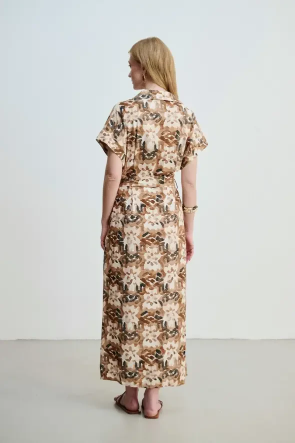 Long Viscose Dress with Waist Belt - Brown - 6