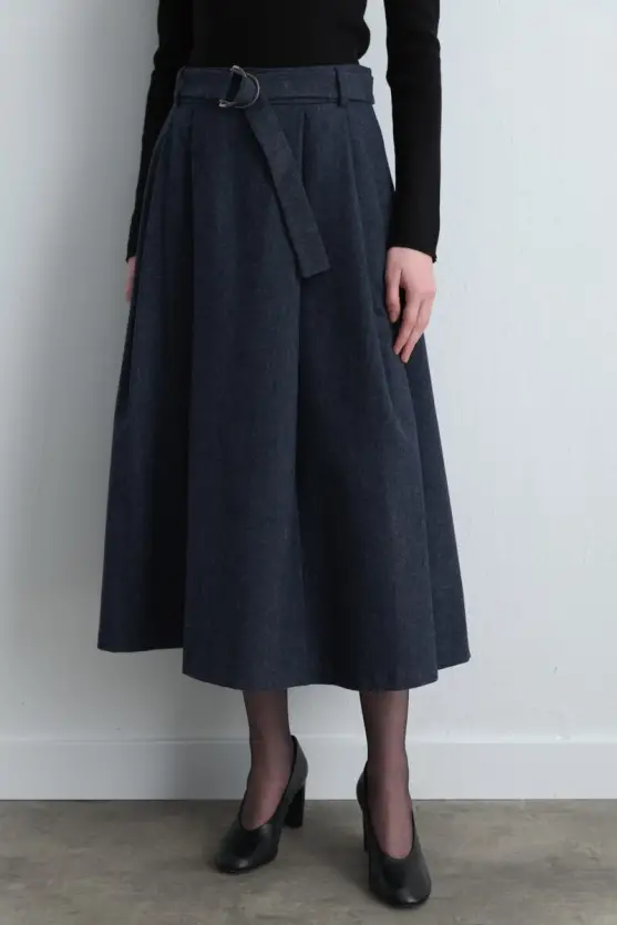 Long Wool Flared Skirt - Navy Blue - Gusto