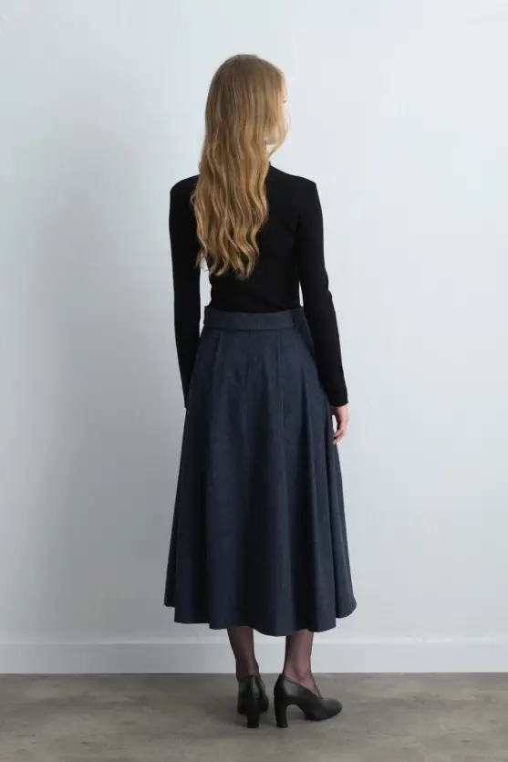 Long Wool Flared Skirt - Navy Blue - Gusto