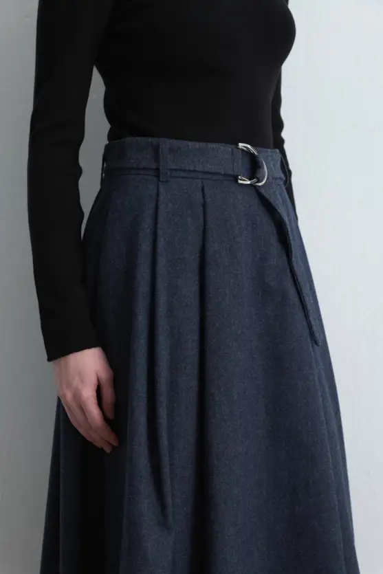 Long Wool Flared Skirt Navy Blue - Gusto