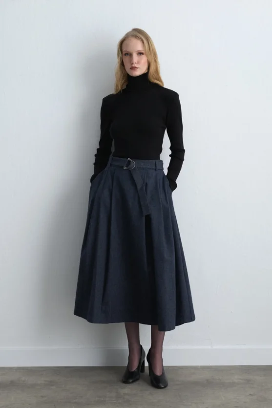 Long Wool Flared Skirt Navy Blue - 1