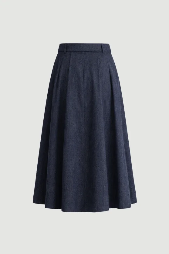 Long Wool Flared Skirt Navy Blue - 9