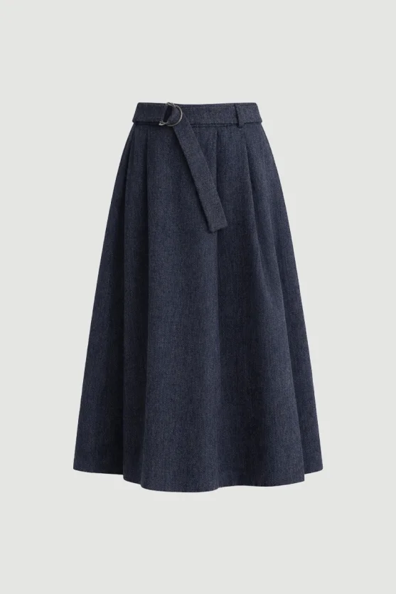Long Wool Flared Skirt Navy Blue - 8