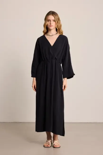 Long Wrap-Style Modal Dress - Black Black