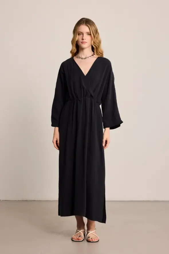 Long Wrap-Style Modal Dress - Black - 1