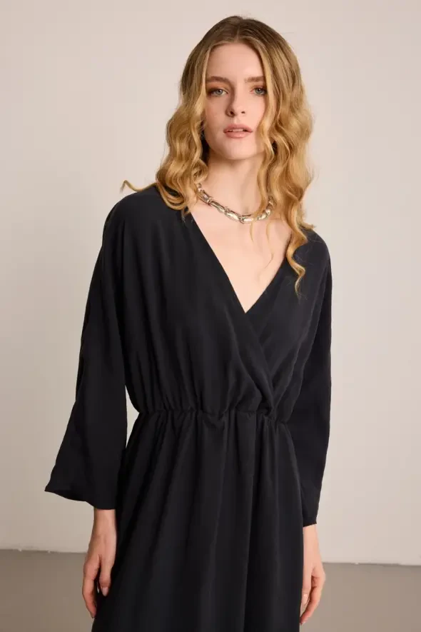 Long Wrap-Style Modal Dress - Black - 2