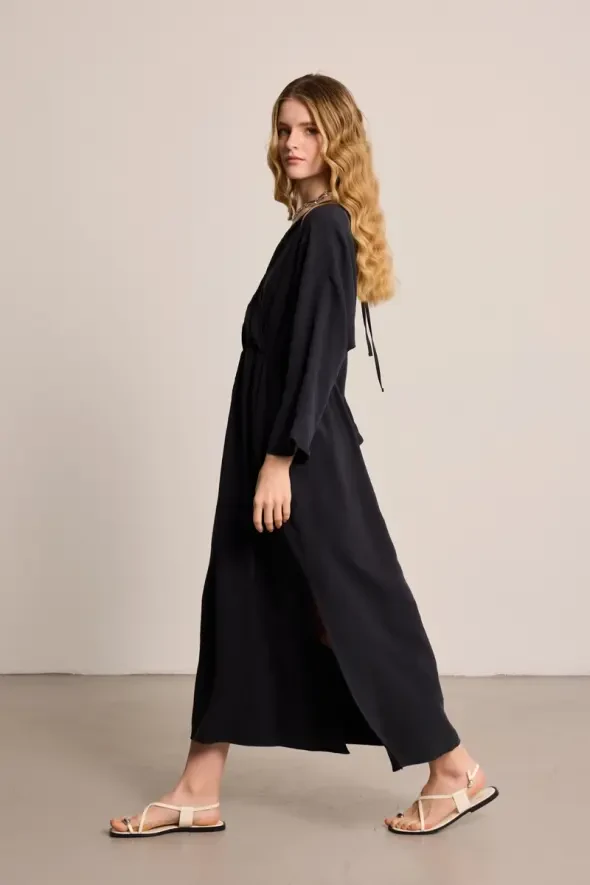 Long Wrap-Style Modal Dress - Black - Gusto