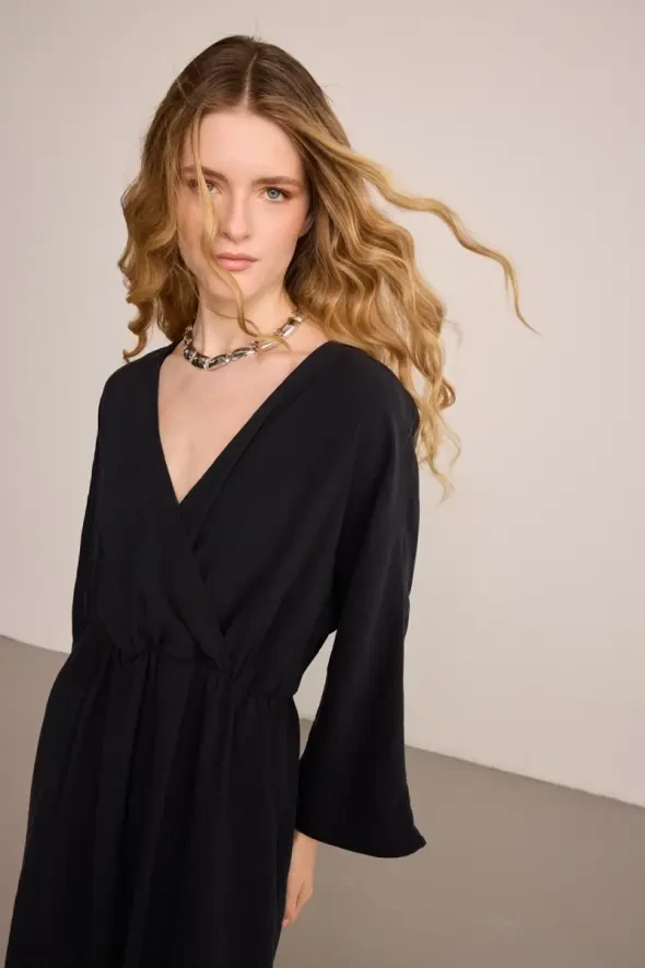 Long Wrap-Style Modal Dress - Black - Gusto