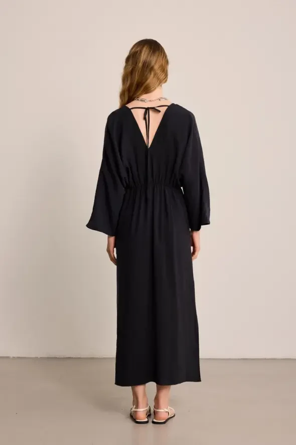 Long Wrap-Style Modal Dress - Black - Gusto