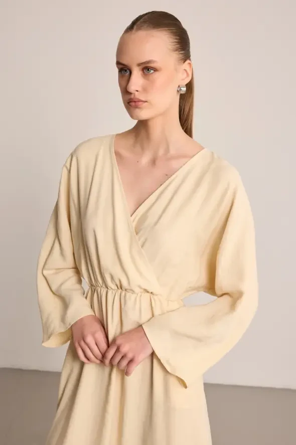 Long Wrap-Style Modal Dress - Stone - 4