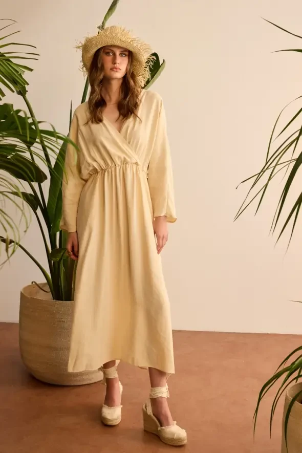 Long Wrap-Style Modal Dress - Stone - Gusto
