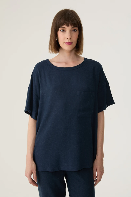 Low Armhole Linen Blouse - Navy - Gusto