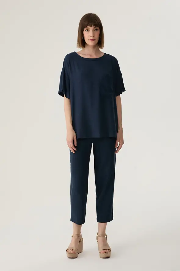 Low Armhole Linen Blouse - Navy - 2