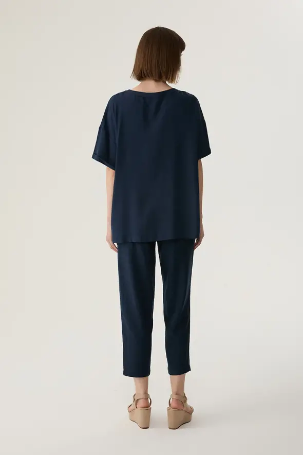 Low Armhole Linen Blouse - Navy - 4