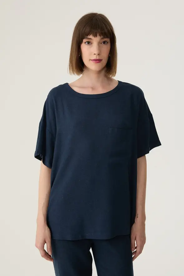 Low Armhole Linen Blouse - Navy - 1