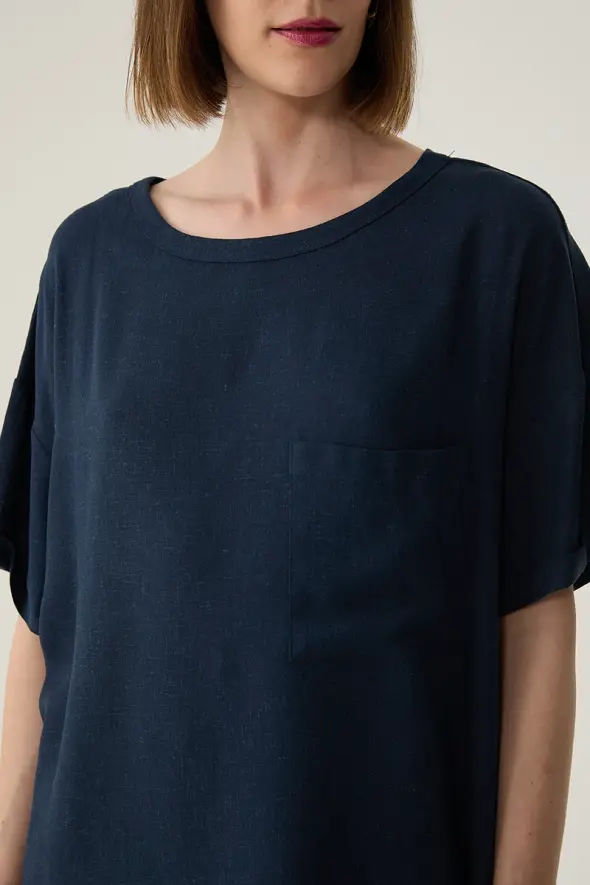 Low Armhole Linen Blouse - Navy - 3