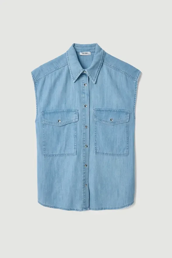Low-Cut Tencel Denim Shirt - Blue - 6