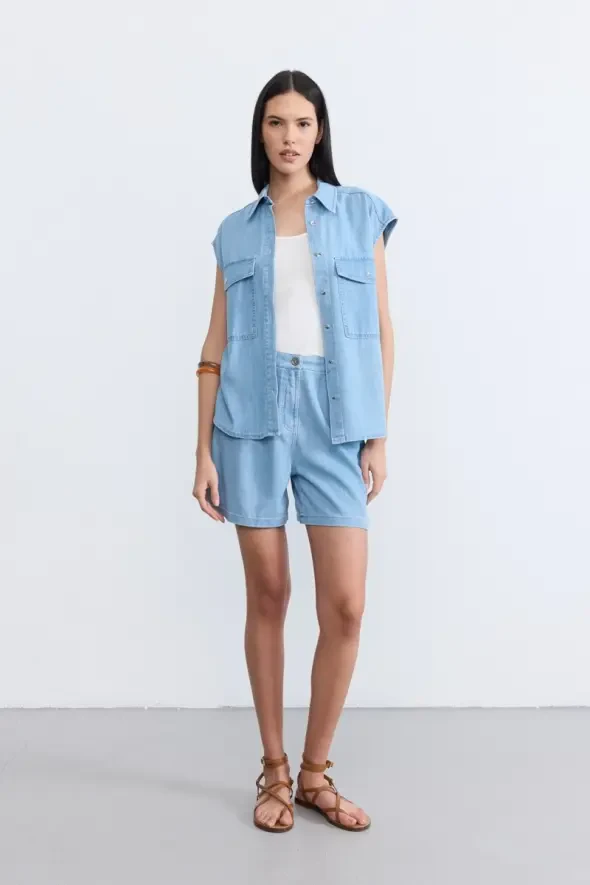Low-Cut Tencel Denim Shirt - Blue - 2