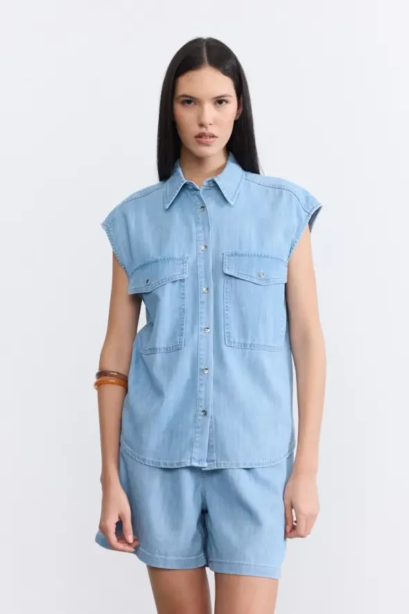 Low-Cut Tencel Denim Shirt - Blue - 1