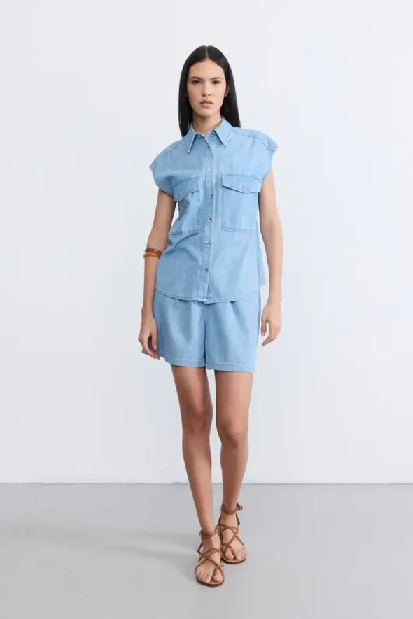 Low-Cut Tencel Denim Shirt - Blue - 3