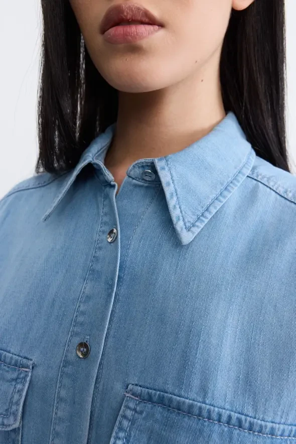 Low-Cut Tencel Denim Shirt - Blue - 4