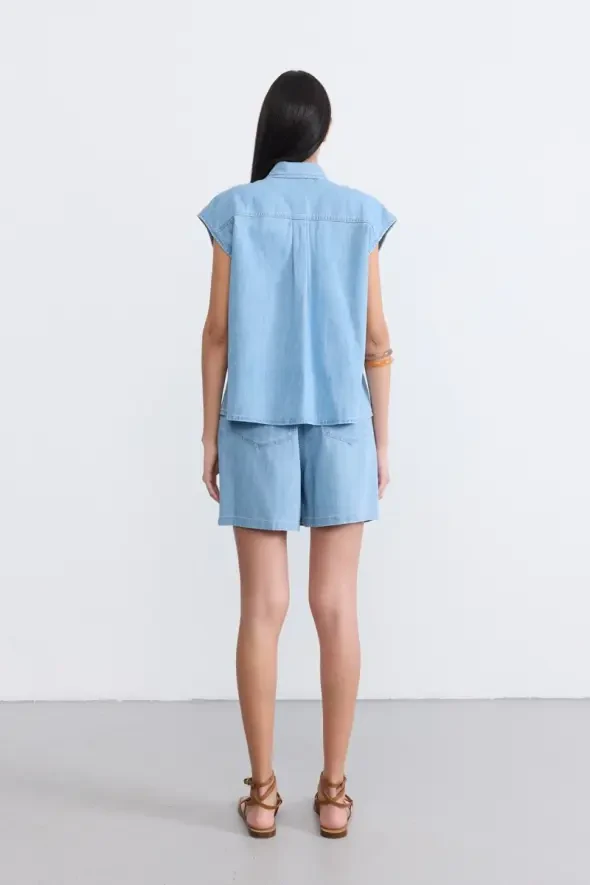 Low-Cut Tencel Denim Shirt - Blue - 5