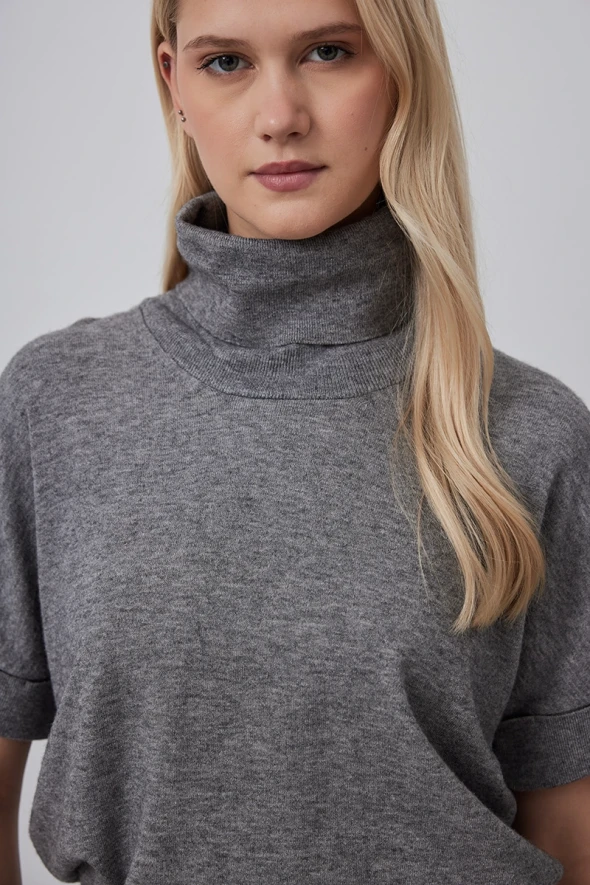 Low Sleeve Knitwear with Turtleneck - Grey - 3