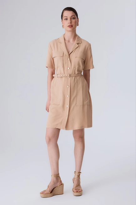 Lyocell Dress with Beltes Waist - Beige Beige