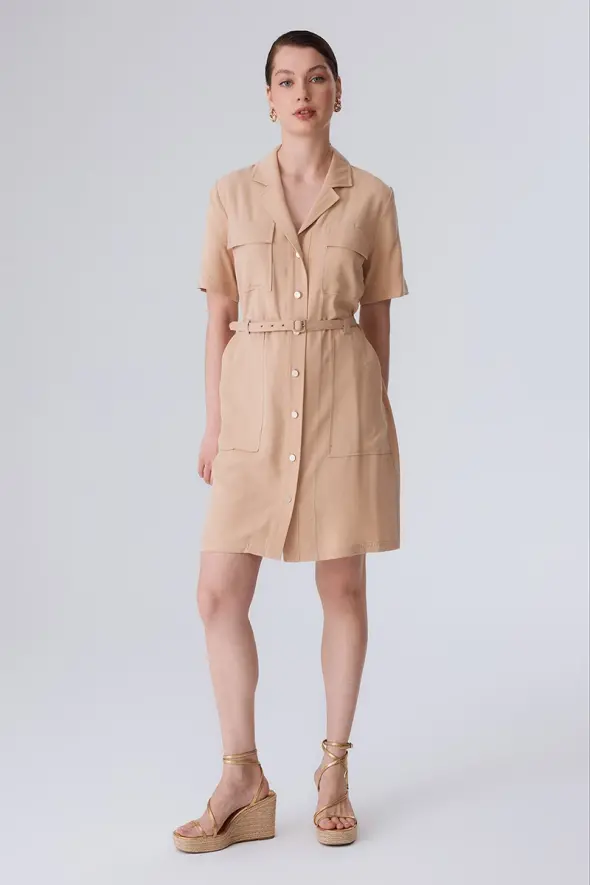 Lyocell Dress with Beltes Waist - Beige - 1