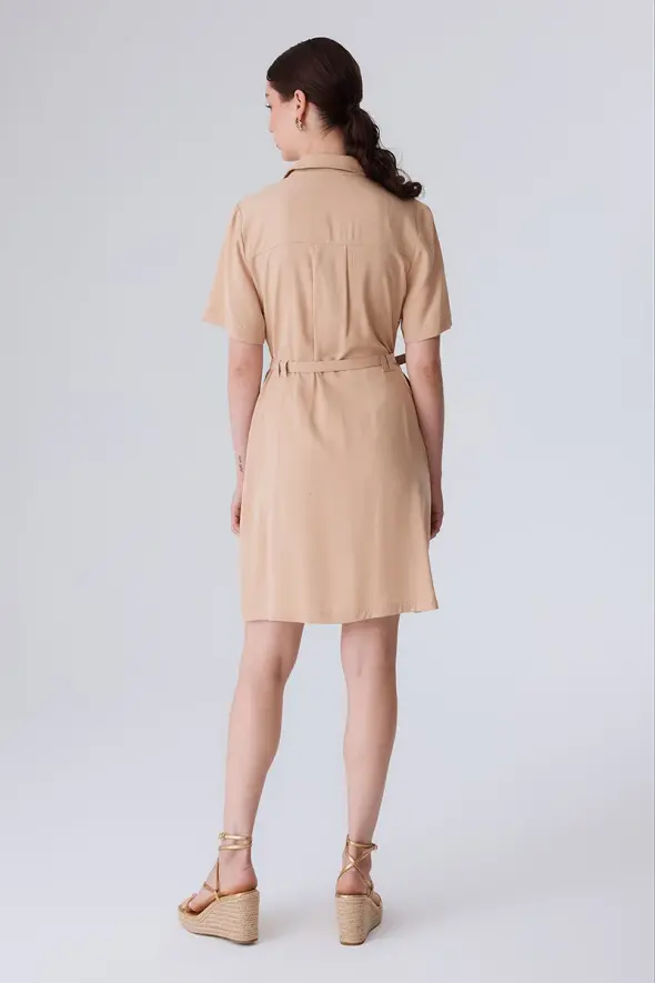 Lyocell Dress with Beltes Waist - Beige - 4