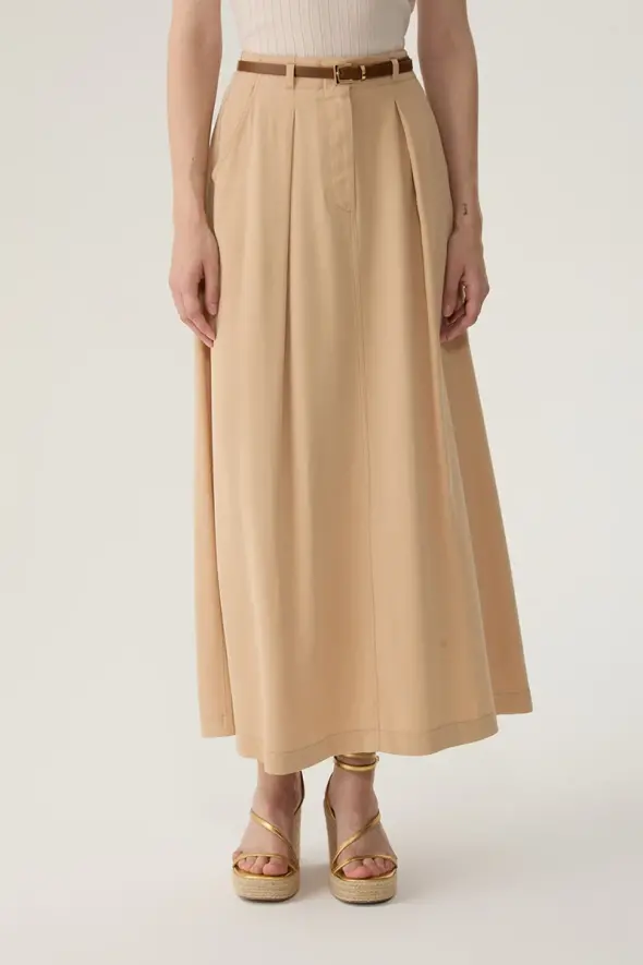 Lyocell Long Skirt with Leather Belted - Beige - 1