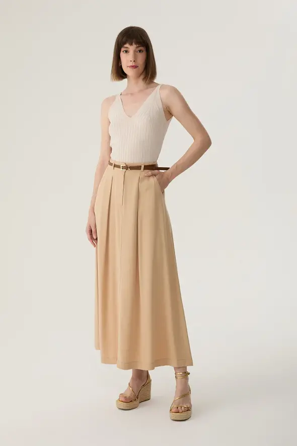 Lyocell Long Skirt with Leather Belted - Beige - 2