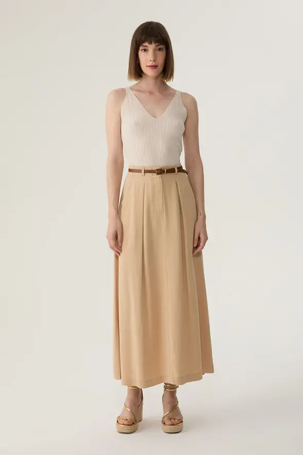 Lyocell Long Skirt with Leather Belted - Beige - 3