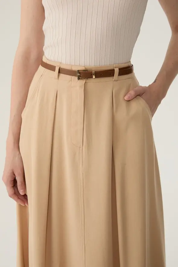 Lyocell Long Skirt with Leather Belted - Beige - 4