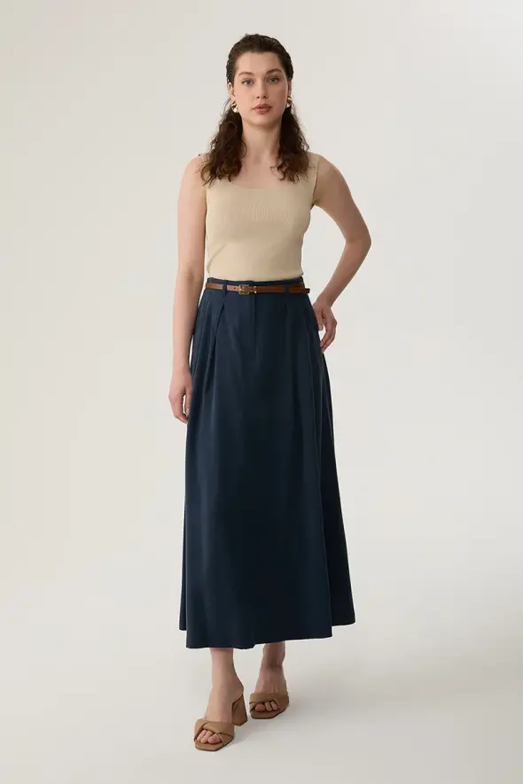 Lyocell Long Skirt with Leather Belted - Navy Blue - 3