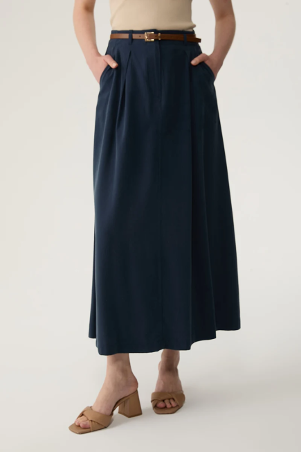 Lyocell Long Skirt with Leather Belted - Navy Blue Navy Blue