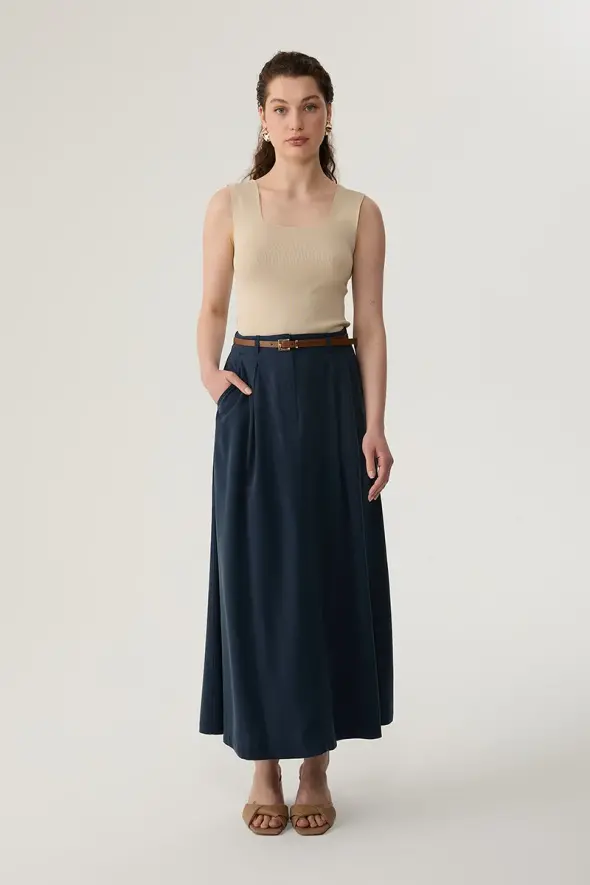 Lyocell Long Skirt with Leather Belted - Navy Blue - 2