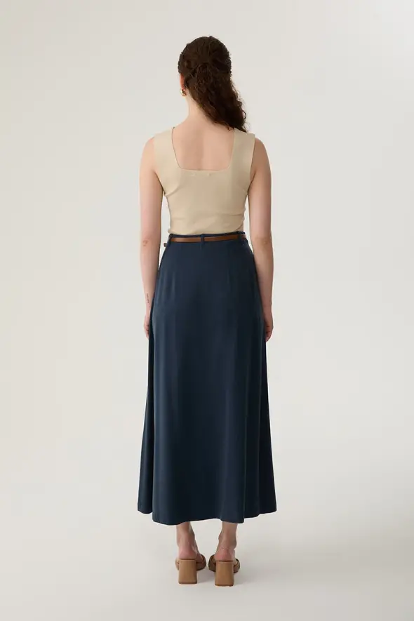 Lyocell Long Skirt with Leather Belted - Navy Blue - 5