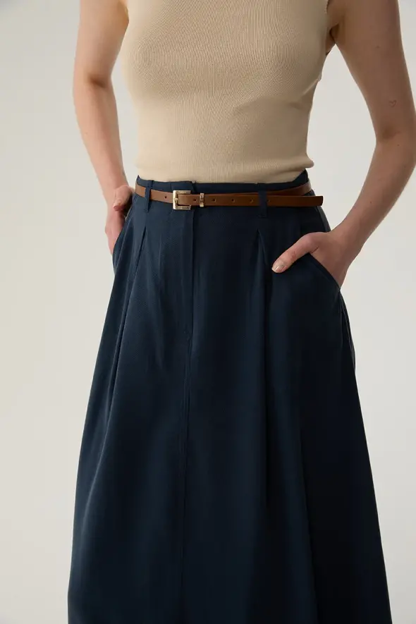 Lyocell Long Skirt with Leather Belted - Navy Blue - 4